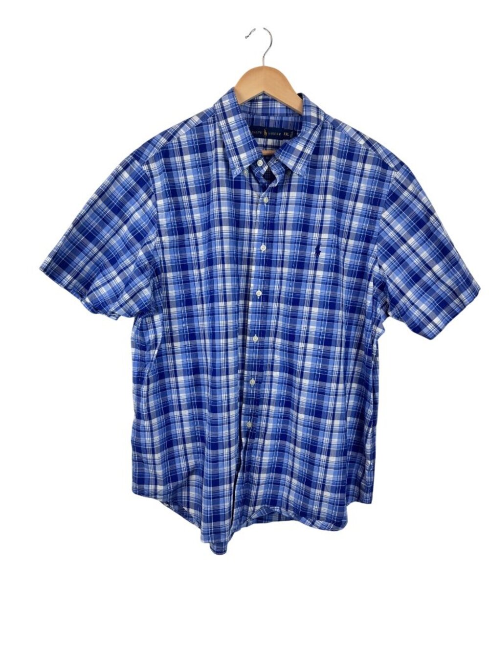 Ralph Lauren Mens Blue Plaid Button-Down Shirt XXL Short Sleeve Cotton
